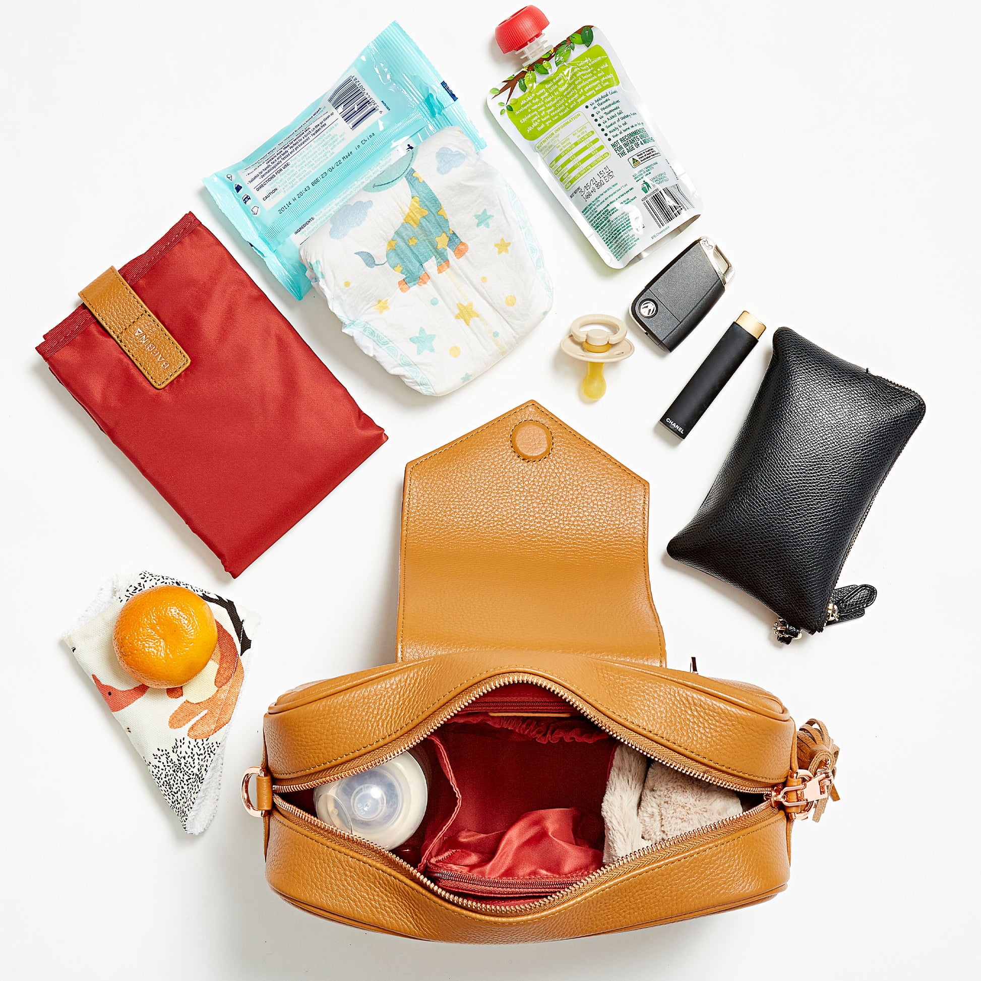 Baebina compact baby bag and pram caddy tan leather